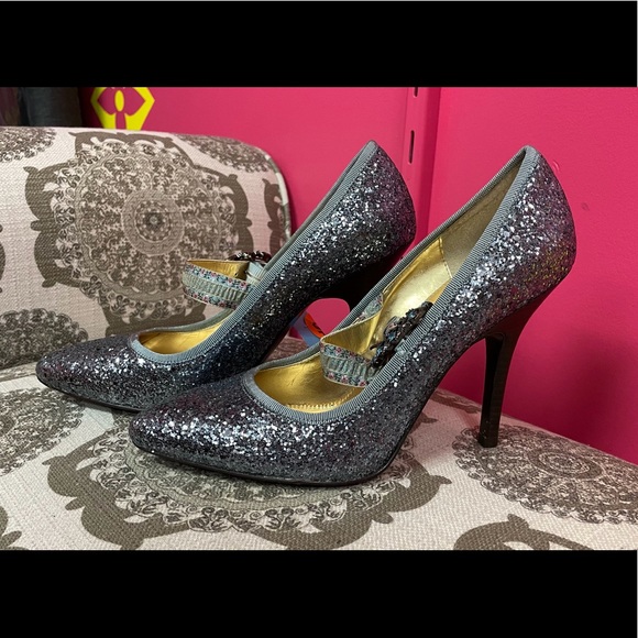 Hale Bob Mary-Jane Shoes Pumps 8 Blue Multi Glittered Crystal Bronze Buckle - Picture 7 of 8